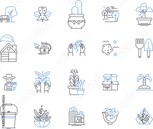 Garden and design outline icons collection. Landscaping, Gardening, Interior, Exterior, Architecture, Designing, Outdoors vector and illustration concept set. Patio, Plants, Foliage linear signs