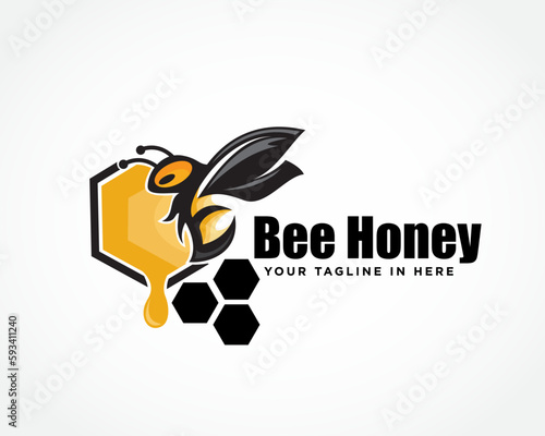 flying bee on hexagonal cells create fresh honey art logo design template illustration inspiration