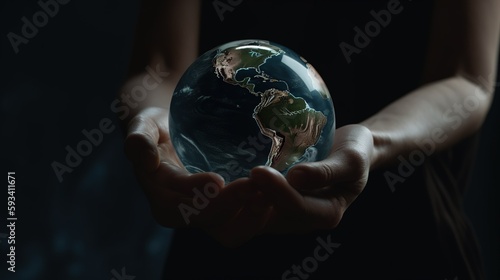 human hands holding a small globe with plants growing out of it