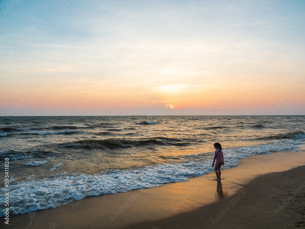 Panorama landscape travel summer sea wind wave cool on holiday calm coastal big sun set sky light orange golden Nature tropical Beautiful evening hourday At Bang san Beach Panorama landscape travel summer sea wind wave cool on holiday calm coastal big sun set sky light orange golden Nature tropical Beautiful evening hourday At Bang san Beach
