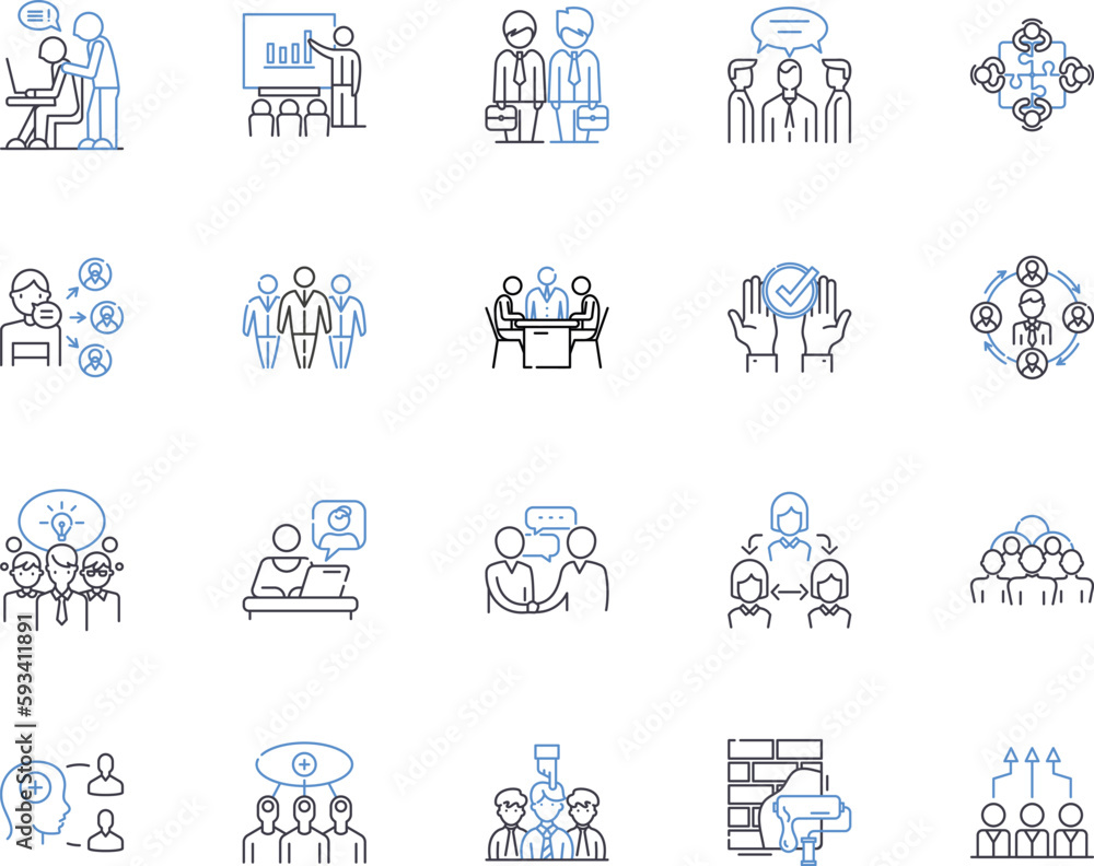 Teambuilding basics outline icons collection. Teamwork, communication, collaboration, trust, respect, leadership, negotiation vector and illustration concept set. planning, delegation, problem-solving Teambuilding basics outline icons collection. Teamwork, communication, collaboration, trust, respect, leadership, negotiation vector and illustration concept set. planning, delegation, problem-solving