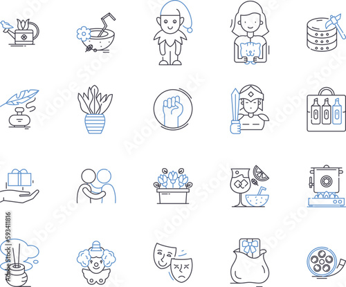Hobbies and art outline icons collection. Painting, Crafting, Gardening, Photography, Drawing, Astronomy, Knitting vector and illustration concept set. Woodworking, Calligraphy, Writing linear signs
