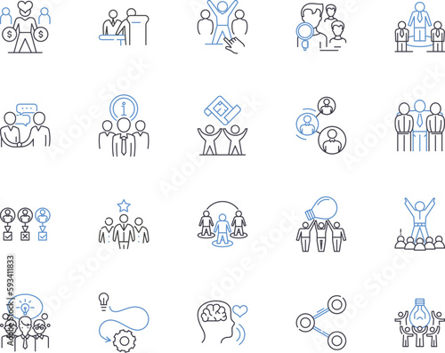 Coworkers outline icons collection. Colleagues, Collaborators, Teammates, Peers, Associates, Workmates, Comrades vector and illustration concept set. Annuitants, Partners, Classmates linear signs