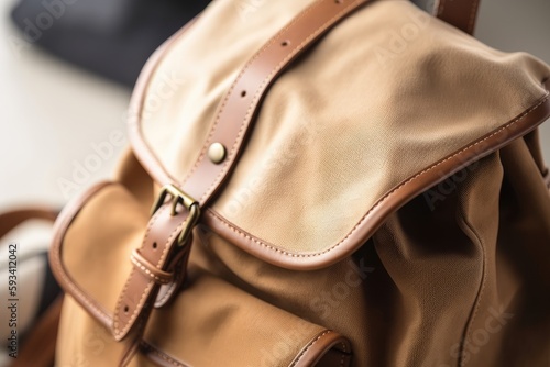 Simple Tan Backpack with Brown Strap. Generative AI © 2rogan