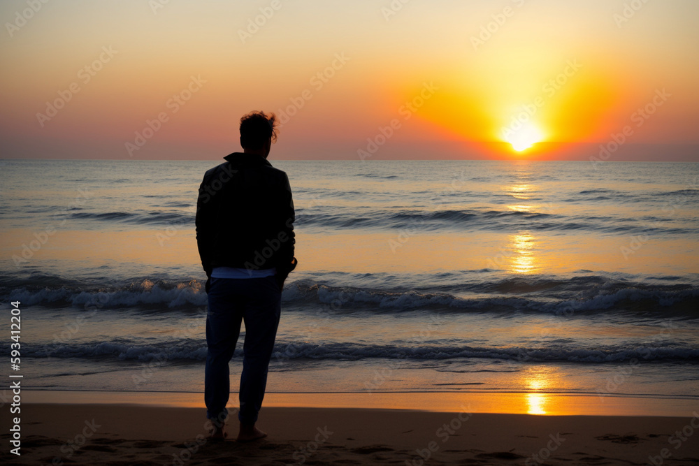 A person with their back turned, wearing casual clothes, looking out at a vast and tranquil ocean. Generative AI A person with their back turned, wearing casual clothes, looking out at a vast and tranquil ocean. Generative AI