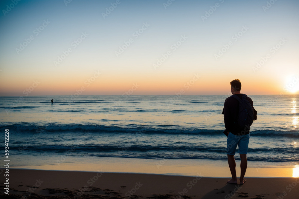A person with their back turned, wearing casual clothes, looking out at a vast and tranquil ocean. Generative AI A person with their back turned, wearing casual clothes, looking out at a vast and tranquil ocean. Generative AI