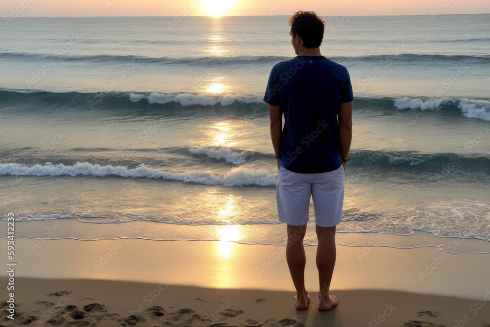 A person with their back turned, wearing casual clothes, looking out at a vast and tranquil ocean. Generative AI A person with their back turned, wearing casual clothes, looking out at a vast and tranquil ocean. Generative AI