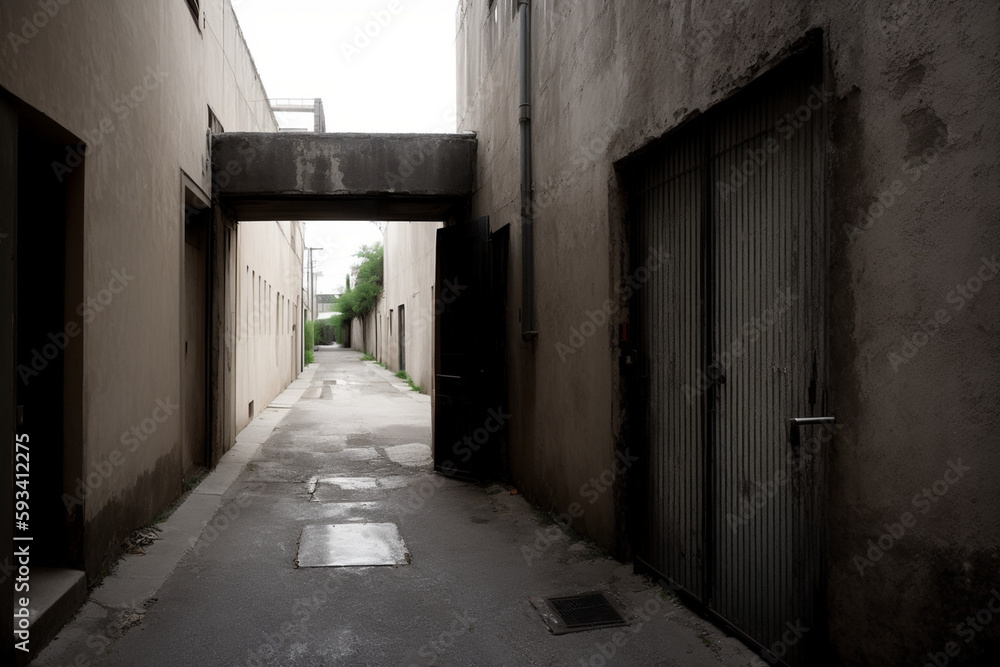 dead-end alley with a heavy iron door at the end, as if it were an abandoned prison. Generative AI dead-end alley with a heavy iron door at the end, as if it were an abandoned prison. Generative AI