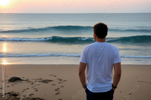 A person with their back turned, wearing casual clothes, looking out at a vast and tranquil ocean. Generative AI