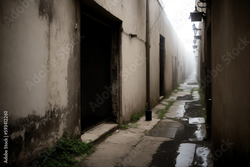 dead-end alley with a heavy iron door at the end, as if it were an abandoned prison. Generative AI