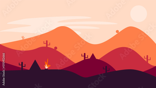 camping in the desert ilustration. monochrome desert ilustration. bonfire and camp on the mountain ilustration. desert background.
