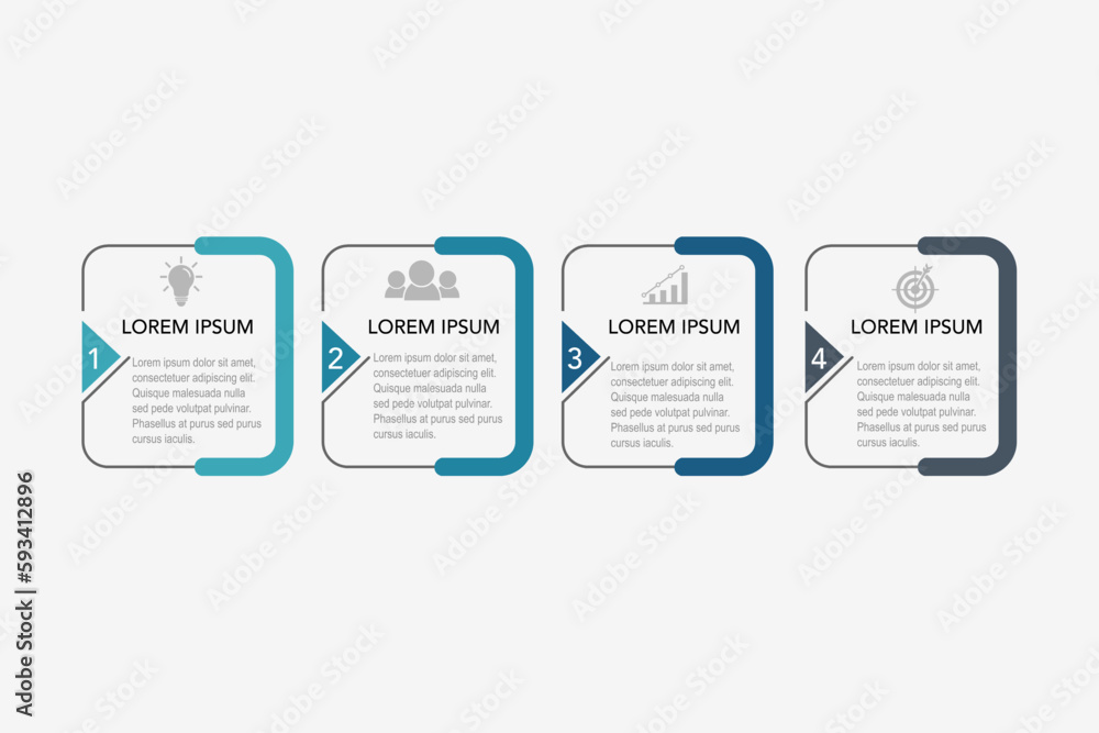 Obraz premium Vector Infographic template for business plan, strategy, roadmap, workflow ,options. 4 Steps Modern minimal timeline diagram creative style, different color rectangle shapes