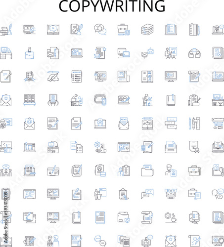 Copywriting outline icons collection. Copywriting, Content, Writing, Creative, Message, Services, Texts vector illustration set. Ads, Advertising, Copy linear signs