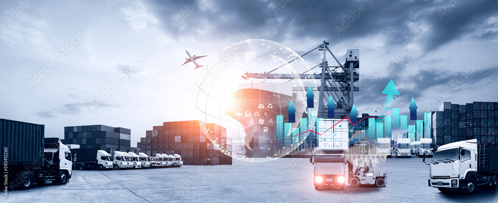 Container truck in ship port for business Logistics and transportation of Container Cargo ship and Cargo plane with Big data visualization graphic graph and chart information business Container truck in ship port for business Logistics and transportation of Container Cargo ship and Cargo plane with Big data visualization graphic graph and chart information business