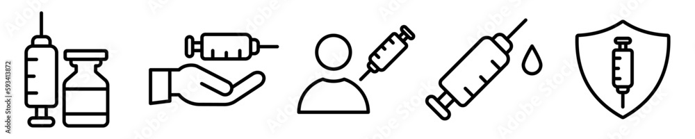 Conjunto de iconos de vacuna. Concepto de seguridad y protección. Medicamento antiviral para prevenir enfermedades. Cura, inyección. Ilustración vectorial Conjunto de iconos de vacuna. Concepto de seguridad y protección. Medicamento antiviral para prevenir enfermedades. Cura, inyección. Ilustración vectorial