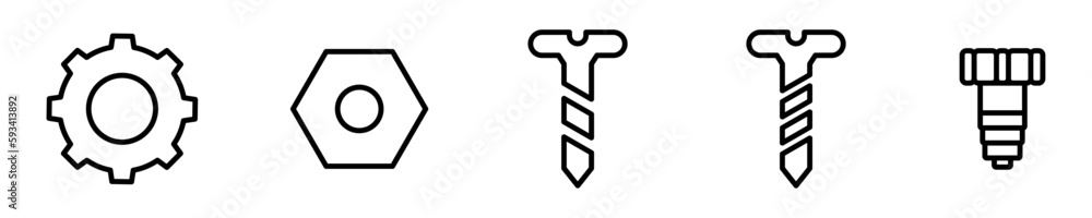 Conjunto de iconos de tuercas y tornillos. Herramientas de carpintería, construcción, ajustable. Ilustración vectorial