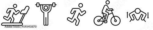 Conjunto de iconos de entrenamiento y ejercicios. Concepto de deporte y aptitud física. Gimnasio, pesas, ciclista, atleta. Ilustración vectorial