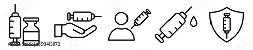 Conjunto de iconos de vacuna. Concepto de seguridad y protección. Medicamento antiviral para prevenir enfermedades. Cura, inyección. Ilustración vectorial