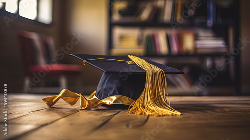 graduation cap, hat with degree paper on wood table graduation concept