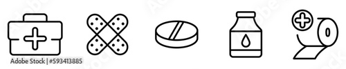 Conjunto de iconos de botiquín. Concepto de productos de emergencia, vendaje, medicamento, píldora, alcohol. Ilustración vectorial