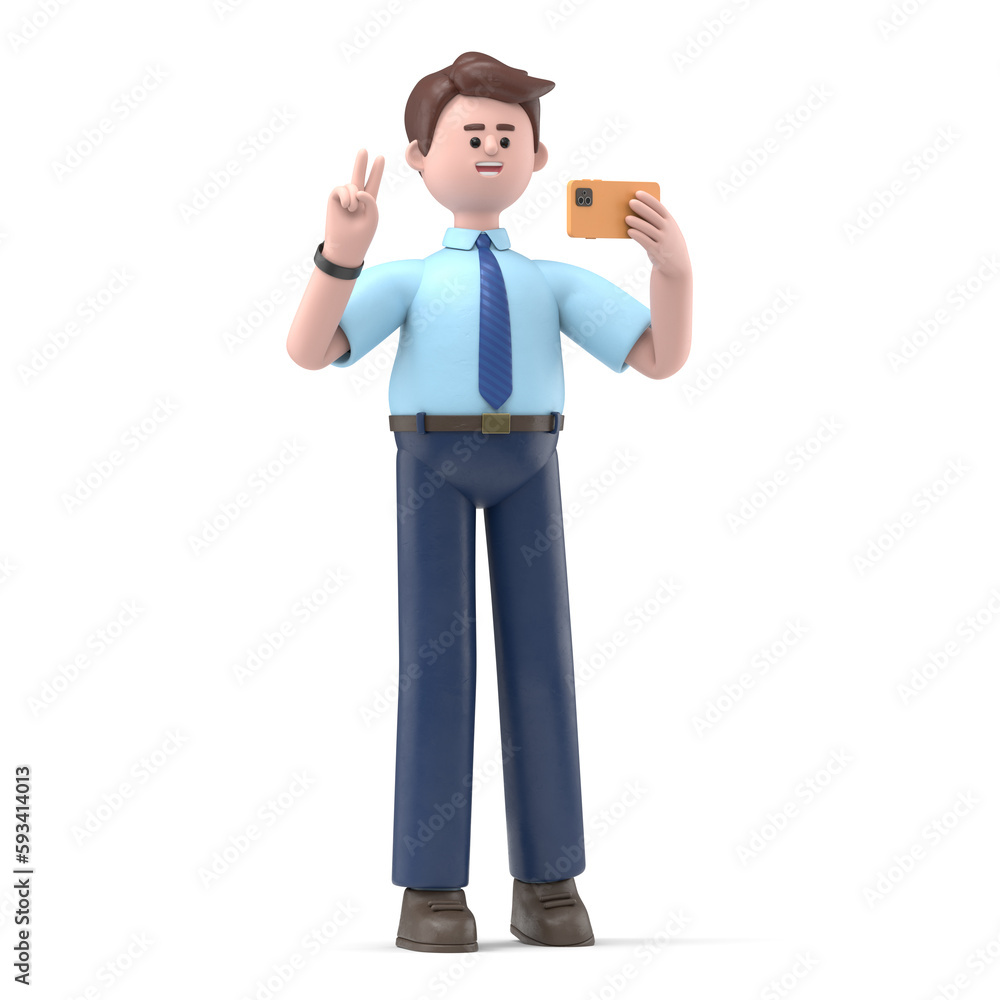 3D Illustration of smiling Asian man Felix in headphones make video call or selfie by smartphone and show victory sign. 3D rendering on white background.
