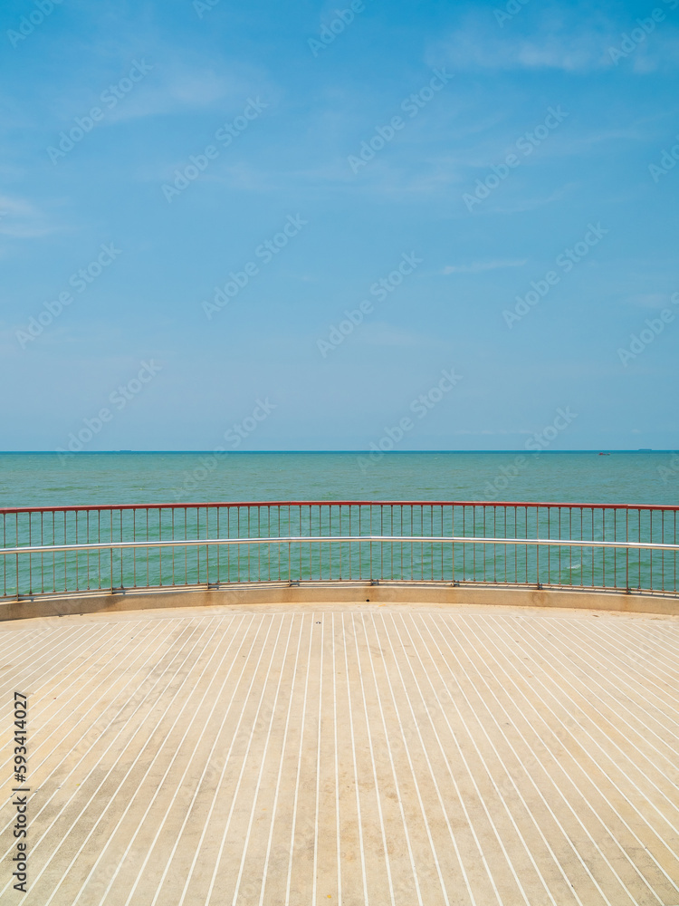 Fototapeta premium Panorama Khao Sam Muk Viewpoint landscape Blue sea and sky cloud blue background morning day look calm summer Nature tropical sea Beautiful ocen water travel Bangsaen Beachat thailand Chonburi horizon