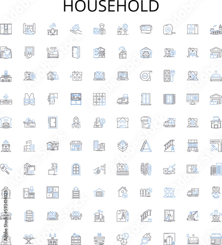Household outline icons collection. Home, Furnishing, Appliances, Cleaning, Decor, Storage, Electronics vector illustration set. Plumbing, Equipment, Lighting linear signs