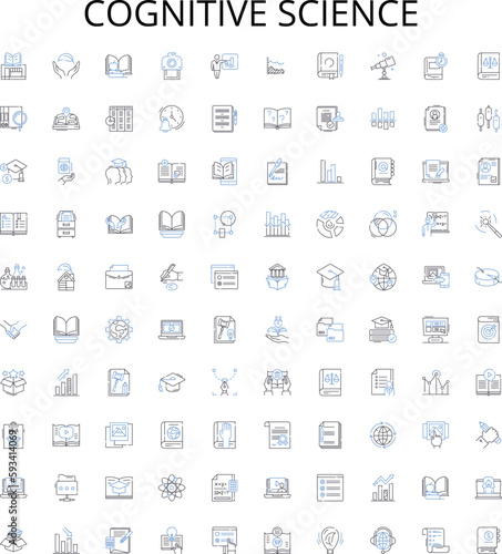 Cognitive science outline icons collection. Cognition, Neuroscience, AI, Intelligence, Psychology, Brain, Perception vector illustration set. Semantics, Knowledge, Memory linear signs