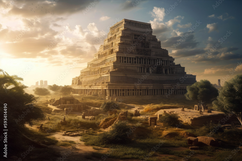 Ancient city of Babylon with the tower of Babel, bible and religion. AI generated, human enhanced
