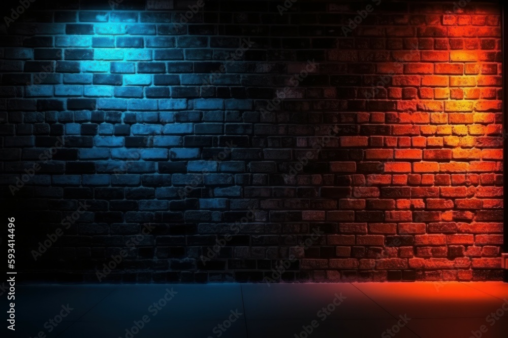 Brick wall background with neon light. AI generated, human enhanced. Brick wall background with neon light. AI generated, human enhanced.