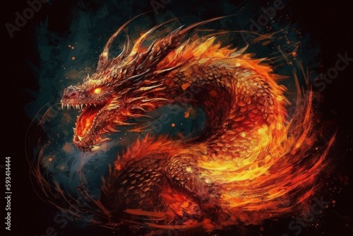 Dragon from fire on black background. Dragon drawn by fire. Flame with dragon silhouette. AI generated, human enhanced