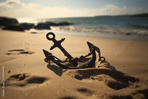 Anchor on the sandy beach. AI generated  human enhanced.