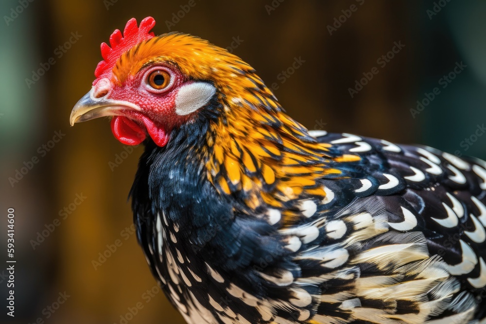 close-up view of a roosters head with a vibrant red comb. Generative AI