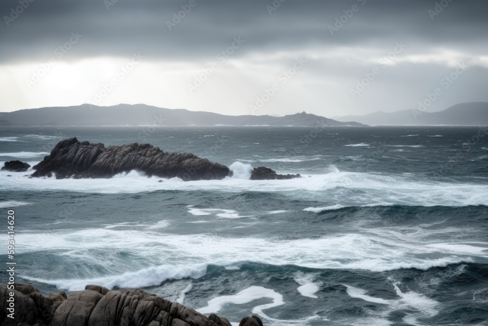 Obraz premium serene coastal landscape with a rocky shoreline and calm waters. Generative AI