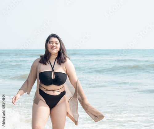 Canvas Print Portrait young woman asian chubby fat cute beautiful one person in bikini black