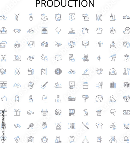 Production outline icons collection. Production, Manufacturing, Factory, Output, Construct, Fabricate, Create vector illustration set. Assemble, Forge, Extrude linear signs