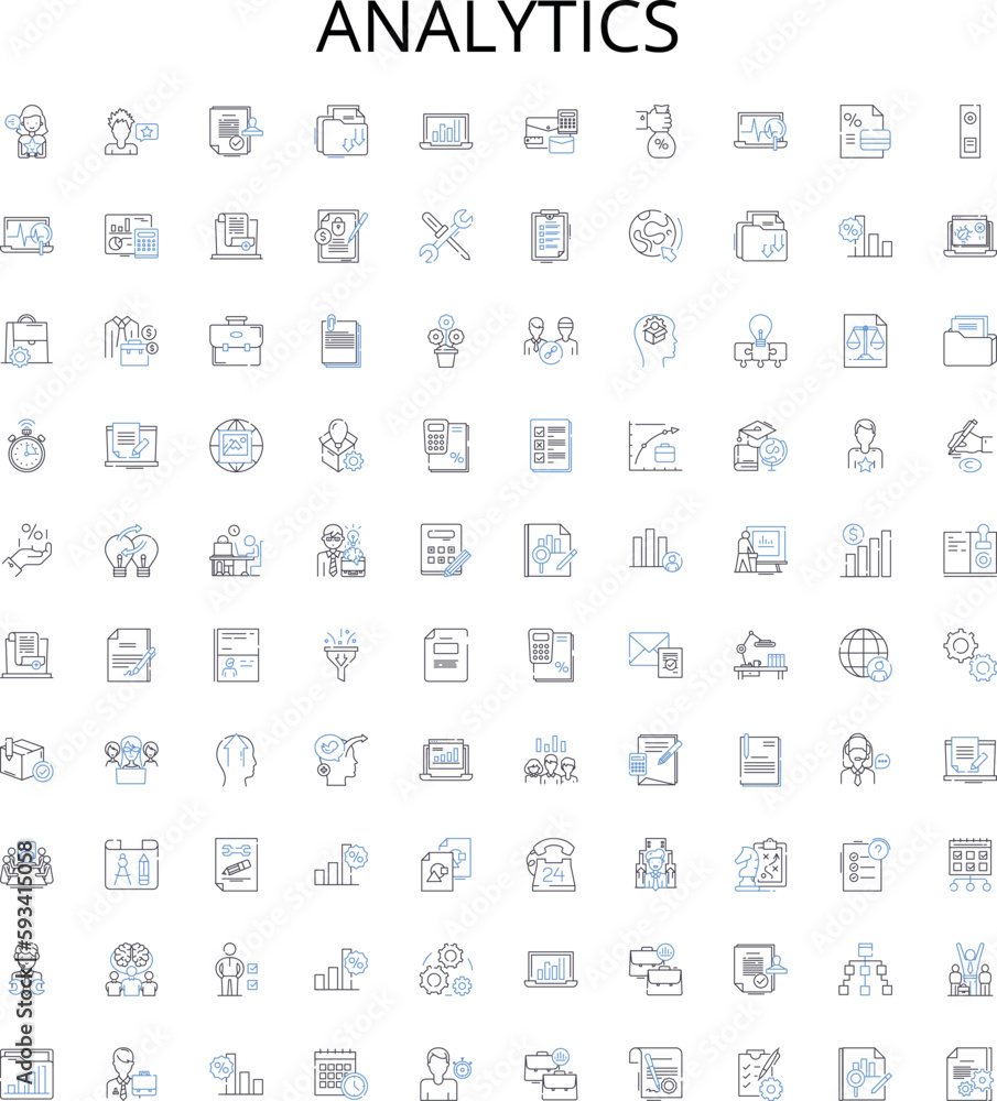 Analytics outline icons collection. Analysis, Trends, Data, Insights, Metrics, Surveys, KPIs vector illustration set. Forecasts, Modeling, Reports linear signs Analytics outline icons collection. Analysis, Trends, Data, Insights, Metrics, Surveys, KPIs vector illustration set. Forecasts, Modeling, Reports linear signs