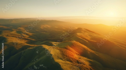 空撮した夕日に染まる山並みのイメージ Generative AI
