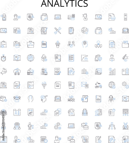 Analytics outline icons collection. Analysis, Trends, Data, Insights, Metrics, Surveys, KPIs vector illustration set. Forecasts, Modeling, Reports linear signs