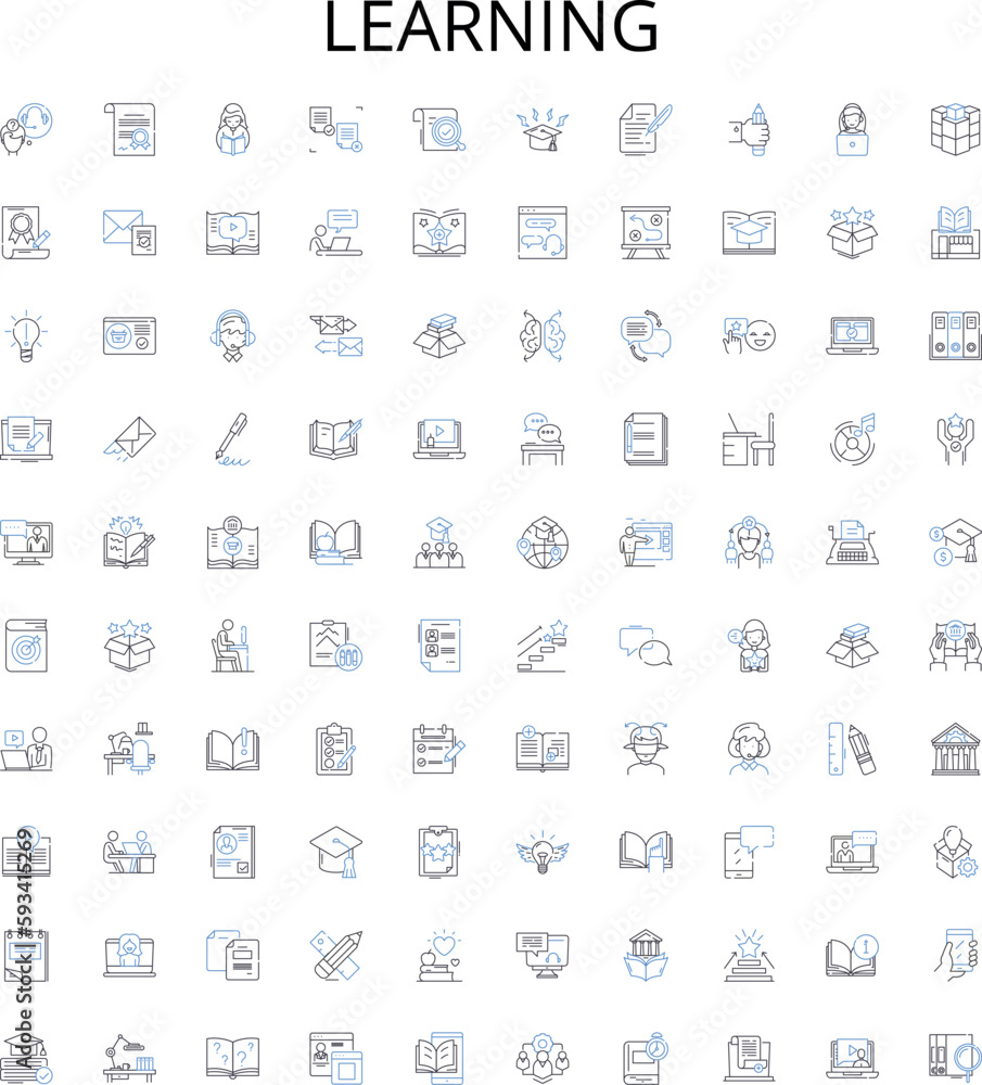 Learning outline icons collection. Instruction, Education, Enrichment, Schooling, Tutoring, Knowledge, Training vector illustration set. Skills, Comprehension, Acquirement linear signs Learning outline icons collection. Instruction, Education, Enrichment, Schooling, Tutoring, Knowledge, Training vector illustration set. Skills, Comprehension, Acquirement linear signs