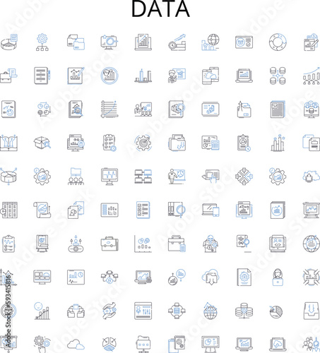 Data outline icons collection. Data, Digital, Analytics, Intelligence, Records, Information, Knowledge vector illustration set. Storage, Tabular, Structured linear signs