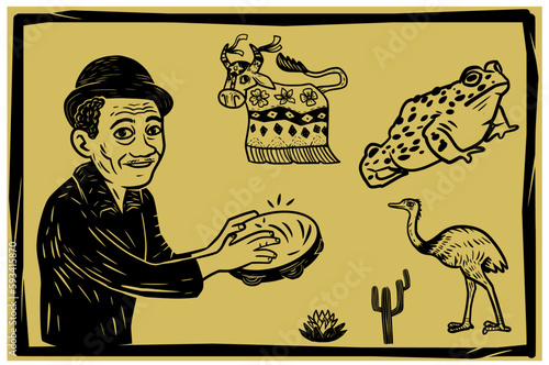 Tambourine player and various elements. bumbá ox, frog, rhea and cactus. Cordel literature woodcut style.