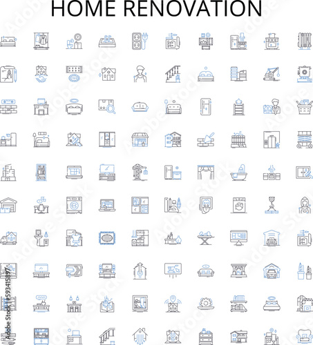 Home renovation outline icons collection. Renovation, Home, Improvement, Repair, Remodel, Redesign, Expansion vector illustration set. Modernizing, Upgrade, Refurbishment linear signs