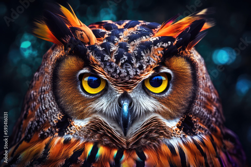 Owl headshot with closeup of face, generative AI photo