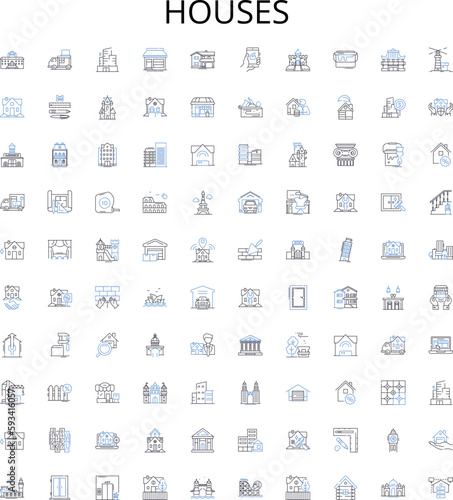 Houses outline icons collection. Home, Residence, Abode, Dwelling, Mansion, Lodgings, Villa vector illustration set. Condo, Cottage, Bungalow linear signs
