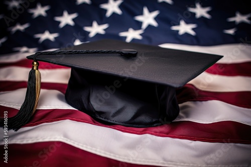 A graduation cap on the American flag