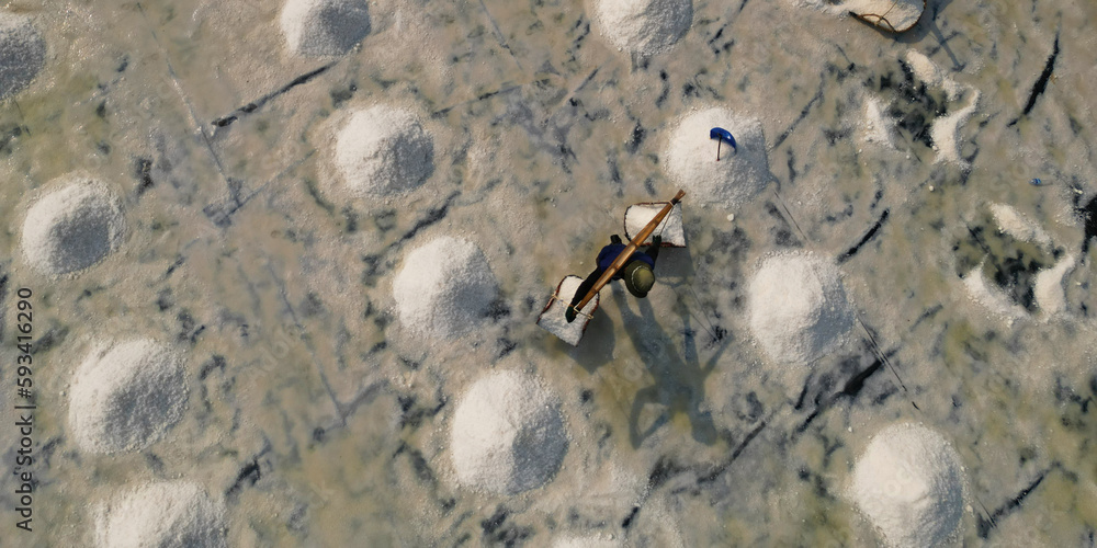 Aerial view of worker harvesting salt in salt field at Ban Laem-Thailand Aerial view of worker harvesting salt in salt field at Ban Laem-Thailand