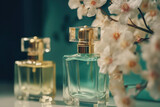 Fresh spring romantic image, stylish transparent glass perfume bottles. Stylish perfume banner, generative AI