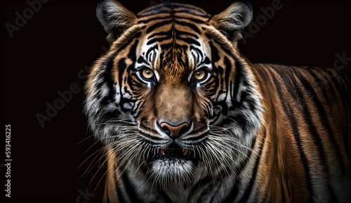 Sumatran tiger looking at the camera tiger on black background .generative ai