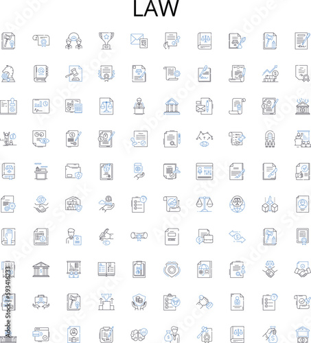 Law outline icons collection. Lawyer, Attorney, Judgement, Regulations, Punishment, Litigation, Contract vector illustration set. Appeal, Dispute, Rights linear signs